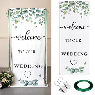 Imagem de Yousoontic Faixa de boas-vindas de casamento rústica de linho faixa de cerimônia simples com fita de cetim e clipe de retenção para cerimônia, arco, pano de fundo de recepção (multicolorido, folhas de