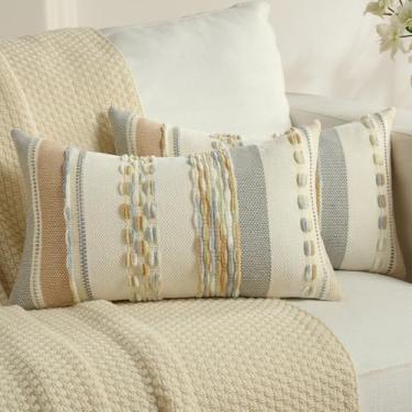 Imagem de FUTEI Capa de almofada decorativa azul camelo branco cáqui 30,5 x 50,8 cm, conjunto de 2, fronhas macias e tufadas listradas, com detalhes texturizados, fronhas boho para decoração de sofá