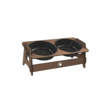 Imagem de Comedouro Pet Duplo MDF Pintado com 2 Tigelas aluminio 300ml | Suporte Elevado Cães e Gatos(marrom pote plástico)