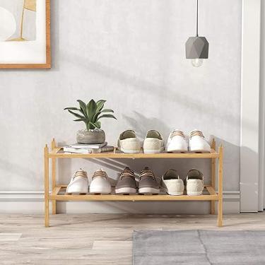 Imagem de Sapateira de bambu de 2 camadas para entrada, organizador de sapatos de pé livre, sapateira empilhável para corredor, banheiro e sala de estar - Rack de armazenamento multifuncional em várias
