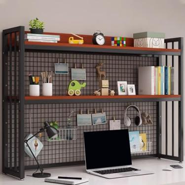 Imagem de Organizador de estante de mesa camada dupla com moldura de aço de painel de grade e material de placa de madeira, suporte de carga estável para escritório, decoração de casa, cozinha (cor: preto +
