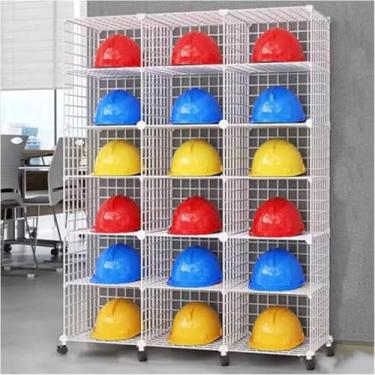 Imagem de Rack de armazenamento de capacete ajustável com rodas, organizador de capacete empilhável, moldura de arame de ferro durável para equipamentos de oficina, prateleira de exibição resistente para