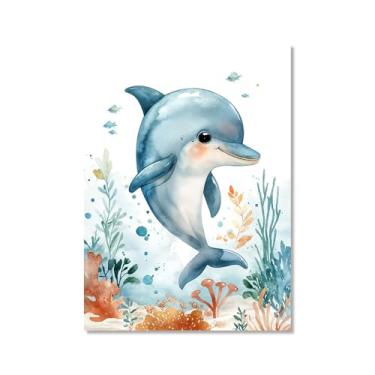 Imagem de Impressão de berçário de animais oceânicos desenho animado tartaruga marinha baleia pôster aquarela animais marinhos pintura em tela decoração de parede quarto infantil (SKU2,12 x 16 polegadas = (30 x