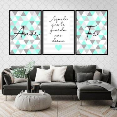 Imagem de Kit 3 Quadros Decorativos Fé Amor Triângulos Turquesa