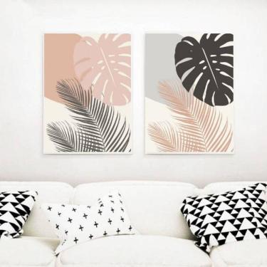 Imagem de Kit 2 Quadros Decorativos Folhagens Rosa e Cinza