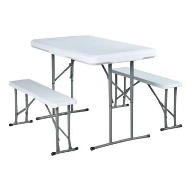 Imagem de Kit Mesa 105x63x74cm Dobravel Portatil Maleta Com 2 Bancos Branco