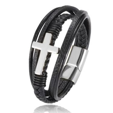 Imagem de Bracelete Pulseira Masculina Couro Luxuoso Religiosa Cruz - VINKIN