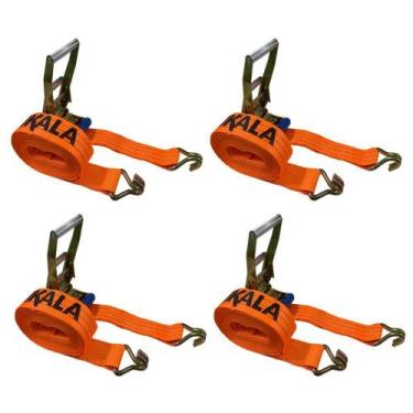 Imagem de Kit 04 Cintas de Amarração Laranja 9m 3 Ton + Ganchos J e Catracas Gan