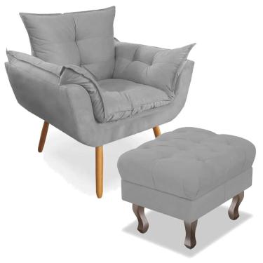 Imagem de Combo Poltrona Decorativa Opala Deluxe com Puff Luis XV Suede Cinza