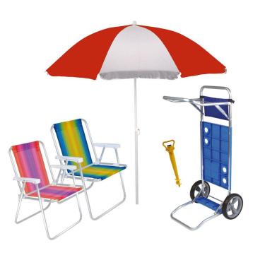 Imagem de Kit Praia Carrinho De Praia + 2 Cadeira Alta Alumínio + Guarda Sol + Saca Areia - Mor