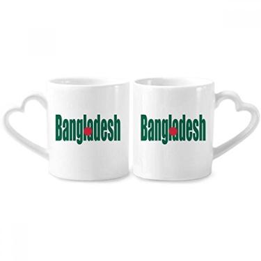 Imagem de Conjunto de canecas de porcelana para casais com nome de bandeira do país de Bangladesh com alça de coração de cerâmica