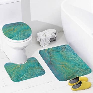 Imagem de Conjunto de tapetes de banheiro 3 peças aquarela floral Zentangle azul turquesa tapete de banheiro lavável tapete antiderrapante tapete de contorno e tampa para banheiro