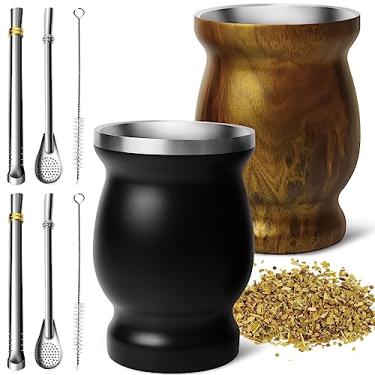 Imagem de Artcome Conjunto de copos de erva mate de aço inoxidável de 8 peças - 2 copos mate de parede dupla de aço inoxidável de 250 ml (preto e madeira), 4 bombillas (palha de erva mate), 2 pincéis, fácil de