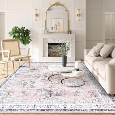 Imagem de LIVEBOX Tapetes rosa laváveis 15 x 23 cm para quarto, tapete floral macio para quarto de bebê, tapete de área boho sem queda de pelo baixo, tapete de sala de estar, tapete vintage grande de pelo baixo