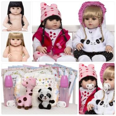 Imagem de 2 Boneca Reborn Gêmeas Loira Morena Real + Kit Acessórios - Cegonha Re