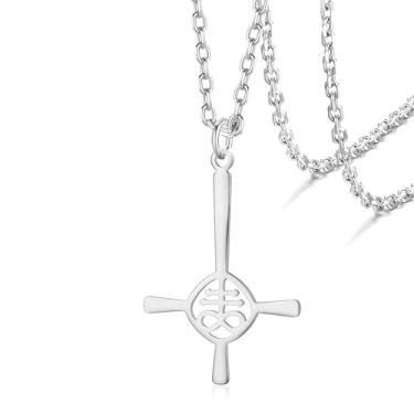 Imagem de VASSAGO Colar com cruz Leviatã para mulheres e homens, colar com símbolo satânico em camadas, pingente de cruz de aço inoxidável, joia da igreja de Satanás, Adjusatble, Aço inoxidável, Sem Pedra