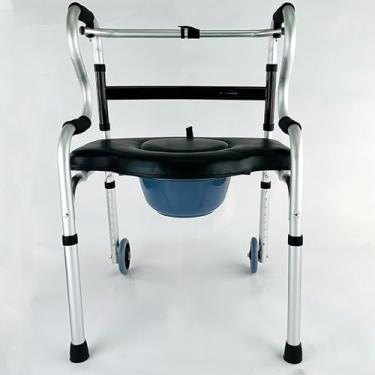 Imagem de Cadeira cômoda dobrável de cabeceira, cadeira de rodas dobrável para chuveiro e vaso sanitário, poltrona ajustável em altura com encosto, para deficientes físicos, idosos e mulheres grávidas