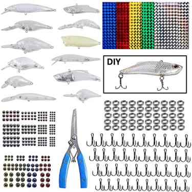 Imagem de Kit de iscas de pesca sem pintura - 363 peças iscas de crankbait rígidas em branco corpos de isca rígida, tesouras, anzóis agudos, anéis divididos, adesivo de isca 3D para olhos kit de equipamento de