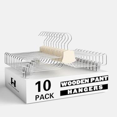 Imagem de Cabides de madeira maciça, de luxo, cabide para calças, jeans, saia com 2 clipes ajustáveis, gancho antiferrugem, pacote com 10 (natural)