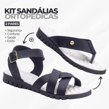 Imagem de Kit 2 Pares Sandália Feminina Ortopédica Massageadora + Rasteirinha Pa