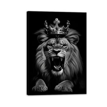 Imagem de Arte de parede com estampa de leão animal coroa dourada quarto arte feroz leão leoa decoração de quarto 42 x 30 cm (17 x 12 pol) moldura preta