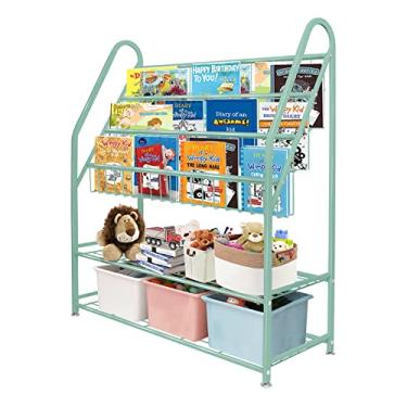 Imagem de aboxoo Estante infantil de metal verde independente para quarto de crianças 81 cm organizador de brinquedos unidade de armazenamento grande estante verde estável livraria sala de estar cama quarto