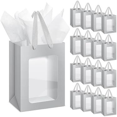Imagem de Zhanmai 36 sacos de presente transparentes Kraft com papel de seda, sacos de presente de papel com janela transparente com alças para negócios, compras, casamento, chá de bebê, lembrancinhas de festa (prata)