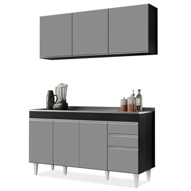 Imagem de Armário Aéreo Argélia E Balcão Com Pia 150cm Marrocos Preto-cinza - Lumil Móveis