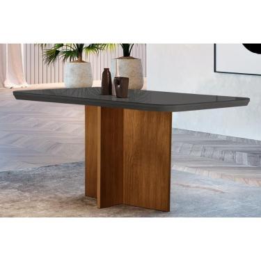 Imagem de Mesa Para Cozinha Berlim Com Tampo 120x80cm Madeirado Vidro Canto Curvo Imbuia Grafite Rufato