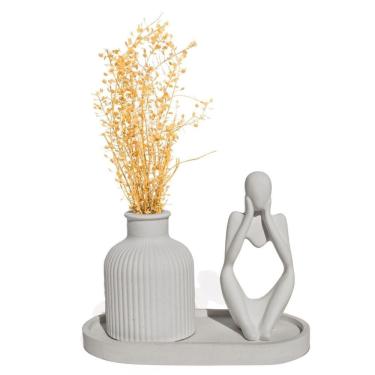 Imagem de Kit 3 Peças Decoração Estátua Pensadora Garrafa Listrada E Bandeja Cinza