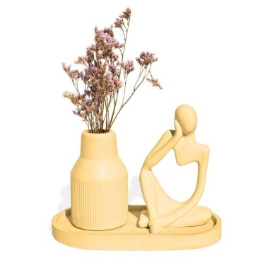 Imagem de Kit 3 Peças Decoração Estátua Pensadora Garrafa Tubo Listrada E Bandeja Amarelo