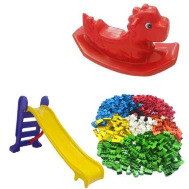 Imagem de Kit baby infantil escorregador médio com 3 degraus + gangorrra dino su