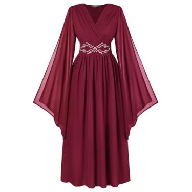 Imagem de Scarlet Darkness Vestido feminino Renascentista com decote em V, vestido medieval, manga de sino, bordado, vestido de fada, Vinho tinto, GG