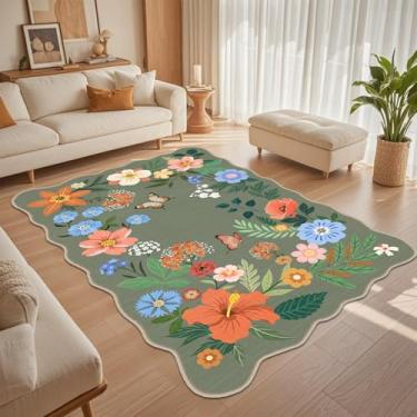 Imagem de Tapete floral para sala de estar, lavável à máquina, estampa floral, para quarto, sala de jantar, sala de jogos, tapete pequeno, verde