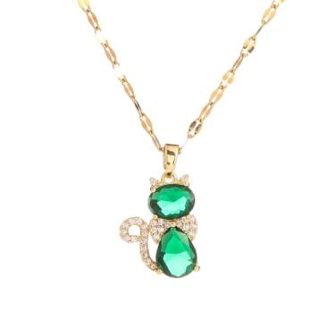 Imagem de Lindo colar com pingente de gato de strass verde banhado a ouro zircônia cúbica animal gatinho pingente elegante clavícula ajustável gargantilha moda joias presentes de aniversário do dia das mães