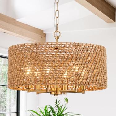 Imagem de YOMECOO Lustre de vime tecido à mão vintage casa de fazenda boho bambu lustre dourado luminária retro tambor vime lustres dourados para sala de jantar, ilha de cozinha, sala de estar