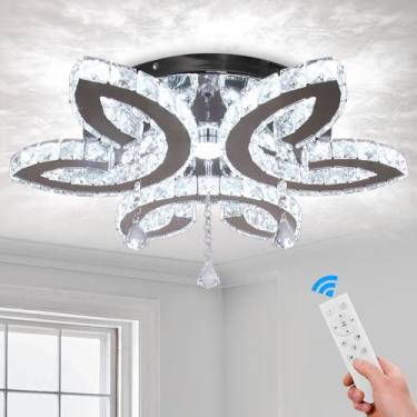 Imagem de FRIXCHUR Lustres de cristal de 51,8 cm Luz de teto de cristal de flor moderna luminária de LED para lustre de montagem embutida para quarto, sala de estar e jantar (regulável)