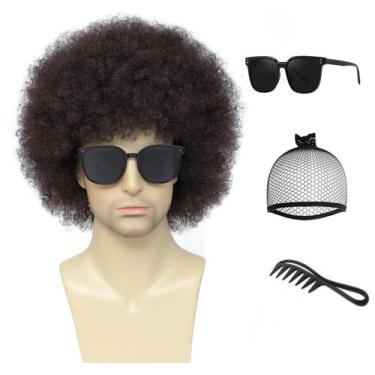 Imagem de Peruca Airhostess Afro para homens com óculos dos anos 70 e 80 marrom