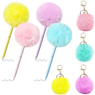 Imagem de XIANFANG Conjunto de 8 peças fofas: 4 canetas esferográficas pompom + 4 chaveiros de pelúcia, conjunto fofo de escrita e decoração em 4 cores - presente divertido de papelaria para escola, escritório