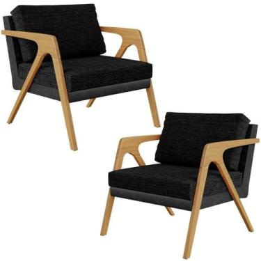 Imagem de Kit 02 Poltronas Sala L02 material sintético Preto Linho Chumbo - LYAM