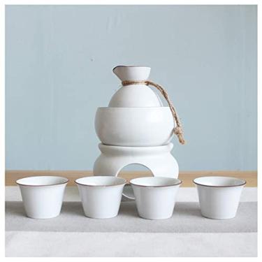 Imagem de JOEUQK Conjunto de copos de saquê, caixa de armazenamento conjunto de saquê canecas com aquecedor, bebida quente de cerâmica, 7 peças incluindo fogão, copo térmico, garrafa de saquê para 4 canecas