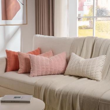 Imagem de Fancy Homi 4 pacotes de capas de almofada decorativas para lombar boho rosa blush 30 x 20 polegadas para sofá-cama sofá de veludo cotelê listrado macio retângulo rosa claro coral pêssego creme acento