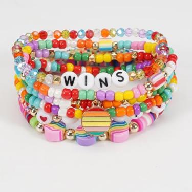 Imagem de Pulseira de contas elásticas de argila boêmia vibrante - Pulseira elástica feita à mão para presente de festival com detalhes de macramê para eventos de praia e verão