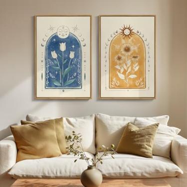 Imagem de Arte de parede de tarô boho azul e amarelo emoldurado para decoração de quarto, conjunto de 2 obras de arte floral de sol e lua para paredes, impressões de arte boêmia de meados do século para sala de