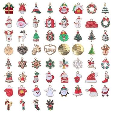 Imagem de 60 pingentes de Natal, pingente de Natal de liga de ouro, Papai Noel, boneco de neve, rena sortidos para fazer joias, pingente, colar, pulseira, brincos de Natal, suprimentos de artesanato em massa