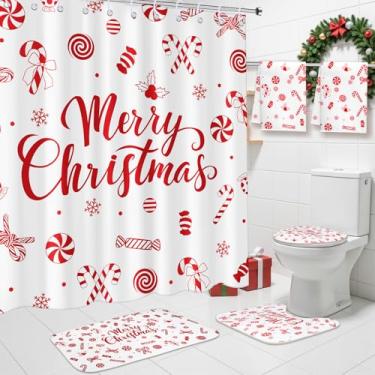 Imagem de Maasechs Conjunto de 6 peças de cortina de chuveiro de doces de Natal com cortina de chuveiro à prova d'água 182 x 182 cm toalha de tampa de vaso sanitário tapetes em forma de U antiderrapante para