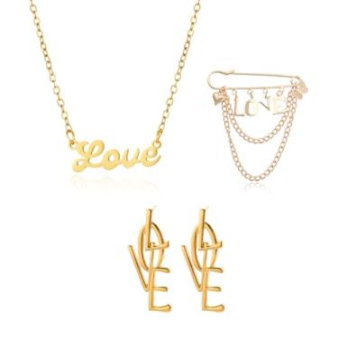 Imagem de QLUYCKW Colar com letra de amor, conjunto de broche, para mulheres, moda, amor, pingente, colar, alfabeto delicado, formato de coração, brincos pendentes para o dia dos namorados, Medium, Liga de aço