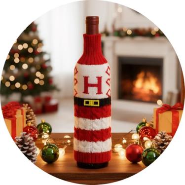Imagem de Suéter de Natal para garrafa de vinho com letra A – Z, garrafas de manga de malha, decoração de mesa, reutilizável, roupa de garrafa estilo Papai Noel