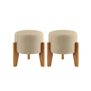Imagem de Kit 2 Puffs Odin Decorativos Redondos Estofados com Pés Palito em Madeira – Puff Banqueta Elegante(Areia)