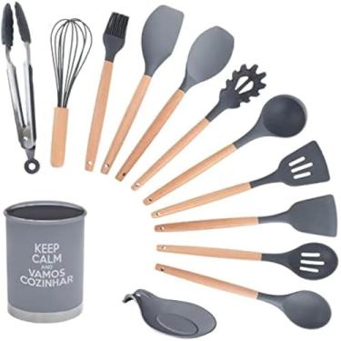 Imagem de Utensilios de cozinha, silicone, espatulas, colheres, pegadores, resistentes, modernos, cinza, elegante